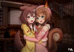 2girls animal_ears ayunda_risu blurry blurry_background brown_eyes brown_hair collar commentary dog_ears dog_tail green_eyes hat hololive hug inugami_korone jacket low_twintails medium_hair multiple_girls open_mouth scared squirrel_ears squirrel_tail tail twintails virtual_youtuber zendrawr 