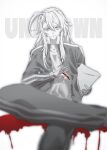  1boy :3 ahoge blood character_request check_gender collarbone english_text greyscale hair_between_eyes holding jacket long_hair monochrome open_clothes open_jacket signature sitting sleeves_past_wrists smile solo spot_color undead_unluck waterstaring zipper zipper_pull_tab 