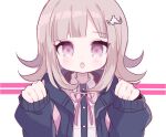  1girl backpack bag bangs black_jacket blunt_bangs blush brown_hair chestnut_mouth clarevoir clenched_hands collared_shirt commentary dangan_ronpa english_commentary eyebrows_visible_through_hair flat_chest hair_ornament hairclip hands_up jacket long_sleeves looking_at_viewer mixed-language_commentary nanami_chiaki neck_ribbon open_mouth outline paw_pose pink_eyes pink_neckwear pink_outline pink_ribbon ribbon shiny shiny_hair shirt short_hair simple_background solo super_dangan_ronpa_2 teeth two-tone_background upper_body white_background white_shirt 