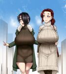  2girls aqua_eyes ayako_(twrlare) bag black_hair blue_sky blush breasts clouds coat feet_out_of_frame forehead fur_trim green_coat hair_over_one_eye handbag huge_breasts lips looking_to_the_side mole mole_under_eye multiple_girls open_mouth original pantyhose pink_eyes pointing ponytail redhead ribbed_sweater saya_(twrlare) shopping short_hair sky sweater thighs twrlare 