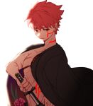  1boy bananachoco black_cape cape dark_persona drawing_sword emiya_shirou fate/grand_order fate_(series) holding holding_sword holding_weapon katana limited/zero_over male_focus redhead scar shirtless simple_background solo sunlight sword upper_body weapon white_background yellow_eyes 