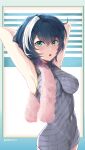  1girl :o armpits arms_behind_head arms_up bangs bare_arms bare_shoulders blue_hair blush breasts cerise_(epic7) covered_navel cowboy_shot dress epic7 eyebrows_visible_through_hair green_eyes grey_dress highres impossible_clothes impossible_dress medium_breasts multicolored multicolored_background multicolored_hair open_mouth patterned_clothing short_dress short_hair solo streaked_hair towel twitter_username two-tone_hair twomoon white_hair 