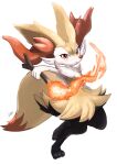  blush braixen fang fire flame full_body gen_6_pokemon hand_up highres holding holding_stick ikei looking_at_viewer open_mouth pokemon pokemon_(creature) signature simple_background solo stick toes white_background yellow_fur 