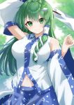  1girl absurdres aftamc arm_up bare_shoulders blue_skirt blush breasts clenched_hand collared_shirt cowboy_shot detached_sleeves frog_hair_ornament green_eyes green_hair hair_between_eyes hair_ornament hair_tubes hands_up happy highres kochiya_sanae large_breasts long_hair looking_at_viewer midriff midriff_peek navel nontraditional_miko outdoors partially_unzipped shirt skirt smile snake_hair_ornament solo touhou white_shirt wide_sleeves 