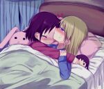  2girls bed blonde_hair blush brown_hair character_doll forehead_kiss hair_down hanabi_(yuruneko0624) highres hug kill_me_baby kiss long_hair multiple_girls oribe_yasuna pajamas short_hair sonya_(kill_me_baby) stuffed_animal stuffed_bunny stuffed_toy violet_eyes yuri 