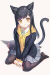  1girl :3 animal_ears black_hair black_legwear blazer cat_ears cat_girl cat_tail hair_ornament highres jacket letta_illust no_shoes original pantyhose pleated_skirt skirt tail uniform x_hair_ornament yellow_eyes 