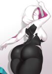  1girl arms_up ass aster_crowley backboob bangs blush bodysuit breasts highres hood large_breasts leg_up looking_at_viewer looking_back looking_up marvel mask outstretched_arm short_hair simple_background skin_tight solo spider-gwen white_background 
