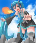  1girl aira_(exp) aqua_eyes aqua_hair aqua_nails aqua_neckwear bare_shoulders black_legwear black_skirt black_sleeves blue_sky breathing_fire city claw_pose clouds commentary detached_sleeves fire from_below giantess grey_shirt hair_ornament hatsune_miku highres leaning_forward long_hair miniskirt nail_polish necktie pleated_skirt shirt skirt sky sleeveless sleeveless_shirt solo thigh-highs twintails very_long_hair vocaloid zettai_ryouiki 