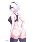  1girl 83tsu adapted_costume ass black_blindfold black_headband black_legwear blindfold headband leotard lips looking_at_viewer nier_(series) nier_automata one-piece_swimsuit short_hair swimsuit thigh-highs thighs white_background white_hair yorha_no._2_type_b 