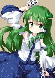  1girl bangs blue_skirt brown_background closed_mouth collared_shirt cowboy_shot detached_sleeves eyebrows_visible_through_hair frog_hair_ornament gohei green_eyes green_hair hair_between_eyes hair_ornament hair_tubes highres holding kochiya_sanae long_hair looking_at_viewer nontraditional_miko ofuda patterned_clothing pentagram ruu_(tksymkw) shirt simple_background skirt smile snake_hair_ornament solo standing touhou v-shaped_eyebrows white_shirt wide_sleeves 