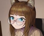  1girl animal_ear_fluff animal_ears bangs blunt_bangs brown_hair brown_sweater cat_ears closed_mouth commentary dongho_kang eyebrows_visible_through_hair face glasses green_eyes highres long_hair looking_at_screen original reflection rimless_eyewear round_eyewear solo sweater 