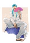  1boy :d alternate_costume blue_hair casual cu_chulainn_(fate)_(all) cu_chulainn_(fate/grand_order) earrings fan fangs fate/grand_order fate_(series) folding_fan holding_foot jewelry long_hair male_focus open_mouth red_eyes sandals sarong simoich sitting smile solo 