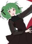  1girl :d black_ribbon breasts brown_dress copyright_request dot_nose dress dutch_angle green_hair hair_ribbon highres long_sleeves looking_at_viewer medium_hair open_mouth outstretched_arm red_eyes ribbon sankomichi see-through_sleeves small_breasts smile solo twintails 