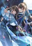  1boy 1girl :d bai_qi_(love_and_producer) brown_eyes brown_hair chinese_clothes hair_ornament hair_stick hand_on_another&#039;s_waist highres holding_hands long_hair love_and_producer moon night open_mouth outdoors petals rabbitcamilla smile watermark 