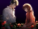  1boy 1girl black_hair brown_eyes brown_hair crying crying_with_eyes_open dark_background facing_another flower gradient gradient_background iji_(u_mayday) jewelry jewelry_removed li_zeyan long_sleeves love_and_producer necklace necklace_removed protagonist_(love_and_producer) rose shirt tears thorns white_shirt 
