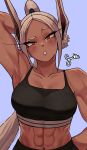  1girl abs absurdres animal_ears arms_behind_back arms_behind_head bare_shoulders biceps boku_no_hero_academia breasts collarbone dark-skinned_female dark_skin gud0c highres long_hair mirko muscle muscular_female navel_piercing piercing rabbit_ears red_eyes sports_bra sportswear toned white_hair 