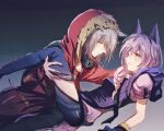  2girls animal_ears arknights blush commentary_request dark_background grey_hair hood hooded_jacket jacket multiple_girls projekt_red_(arknights) provence_(arknights) purple_hair tail thigh-highs wolf_ears wolf_girl wolf_tail wu_you yellow_eyes yuri 