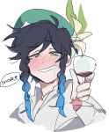  1boy alcohol black_hair blue_hair blush cup drinking_glass drooling drunk english_text eyebrows_visible_through_hair fingernails flower genshin_impact gradient gradient_hair green_eyes green_headwear half-closed_eyes hat hat_flower holding holding_cup kawaiidani male_focus multicolored multicolored_hair parted_lips simple_background sketch solo speech_bubble upper_body venti_(genshin_impact) white_background wine wine_glass 