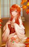  1girl absurdres autumn dabo_(parksh5054) floral_print hands_on_own_chest highres japanese_clothes kimono leaf long_sleeves nail_polish orange_hair orange_nails original sitting white_kimono 