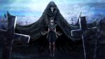  1girl bangs black_dress black_eyes black_footwear black_hair black_robe blunt_bangs closed_mouth cross death_(entity) dress graveyard highres hood hood_up hug hug_from_behind long_hair menka original outdoors robe skeletal_arm skeleton skull tombstone 