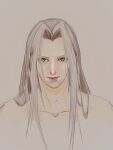  1boy aqua_eyes closed_mouth collarbone commentary_request eyelashes face final_fantasy final_fantasy_vii final_fantasy_vii_remake forehead grey_hair hair_intakes hair_over_shoulder highres lips long_hair looking_at_viewer makeup nose pink_lips satan_(sugiu1ver) sephiroth simple_background smile solo upper_body very_long_hair 