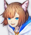  1girl animal_ear_fluff animal_ears bell blue_eyes brown_hair cat_ears cat_girl collarbone cropped face fangs halloween hood hood_down hoodie jewelry necklace open_mouth original short_hair signature slit_pupils smile solo teeth tongue upper_body waterstaring white_hoodie 