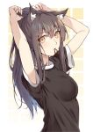  1girl animal_ear_fluff animal_ears arknights arms_up bangs black_hair black_shirt breasts commentary_request eyebrows_visible_through_hair hair_between_eyes hair_tie_in_mouth highres long_hair looking_at_viewer medium_breasts mouth_hold shirt short_sleeves skying solo texas_(arknights) upper_body wolf_ears yellow_eyes 