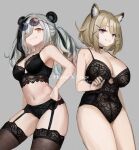  2girls animal_ear_fluff animal_ears arknights black_bra black_hair black_nails black_panties bra breasts brown_eyes brown_hair character_name eyewear_on_head feater_(arknights) garter_belt garter_straps grey_background hand_on_hip highres large_breasts lingerie looking_at_viewer magenta_eyes multicolored_hair multiple_girls nashidrop navel panda_ears panties purple-tinted_eyewear round_eyewear short_hair simple_background smile streaked_hair sunglasses teddy two-tone_hair underwear underwear_only utage_(arknights) white_hair 