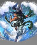  1boy bare_shoulders belt blue_hair character_request clean_x closed_mouth dark_blue_hair hand_gesture highres holding holding_sword holding_weapon katana long_hair male_focus reverse_grip rope rope_belt samurai_spirits scabbard scroll sheath solo sword unsheathed very_long_hair violet_eyes water waves weapon 