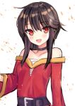  1girl :d bangs bare_shoulders belt black_choker blush breasts choker collarbone commentary dress embers eyebrows_visible_through_hair hair_between_eyes kono_subarashii_sekai_ni_shukufuku_wo! looking_at_viewer megumin no_hat no_headwear open_mouth outstretched_hand red_dress red_eyes rei_(ilust9999) sarashi short_hair short_hair_with_long_locks sidelocks small_breasts smile solo upper_body white_background 