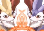  alternate_color blush braixen closed_mouth fang fire gen_6_pokemon highres ikei looking_at_viewer open_mouth pokemon pokemon_(creature) purple_fur shiny_pokemon simple_background smile white_background yellow_fur 