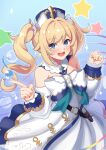  1girl backy1005 barbara_(genshin_impact) bare_shoulders blonde_hair blue_eyes book bow bowtie detached_sleeves dress drill_hair genshin_impact highres latin_cross long_sleeves open_mouth smile solo twin_drills twintails water 