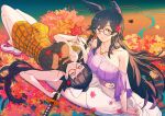  2girls alternate_costume animal_ear_fluff animal_ears asymmetrical_clothes atago_(azur_lane) autumn_leaves azur_lane bare_shoulders belt bespectacled black_hair breasts brown_belt brown_sweater earrings eyebrows_visible_through_hair glasses highres holding holding_leaf holding_sword holding_weapon hoop_earrings jewelry large_breasts leaf long_hair long_skirt looking_at_viewer maple_leaf meriken0111 multiple_girls necklace off-shoulder_shirt off_shoulder orange_skirt plaid plaid_skirt ponytail purple_shirt red-framed_eyewear ribbed_sweater sheath sheathed shirt skirt sleeveless_sweater sweater sword sword_behind_back takao_(azur_lane) very_long_hair weapon white_skirt yellow_eyes 