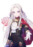  1girl azutarou capelet closed_mouth commentary_request edelgard_von_hresvelg fire_emblem fire_emblem:_three_houses floral_print flower forehead garreg_mach_monastery_uniform gloves hair_ribbon long_hair looking_at_viewer outstretched_hand purple_ribbon red_capelet red_flower red_rose ribbon rose signature simple_background smile solo twitter_username uniform violet_eyes white_background white_gloves white_hair 