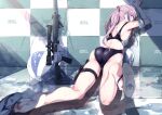 1girl absurdres against_wall angled_foregrip ar-15 armband ass back_cutout ball beachball clothing_cutout commentary_request competition_swimsuit feet flip-flops from_behind full_body girls_frontline gun highres holster kneeling knife looking_at_viewer looking_back mishima_hiroji multicolored_hair one-piece_swimsuit pink_hair ponytail puddle rifle sandals scope soles solo st_ar-15_(girls_frontline) streaked_hair suppressor swimsuit thigh_holster thigh_strap toes water weapon wet 