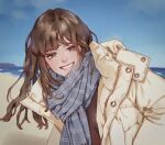  1girl bangs beach blue_scarf blue_sky brown_eyes brown_hair chakanyuantu coat day highres looking_at_viewer original outdoors parted_lips scarf sky smile solo upper_body water 
