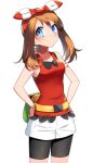  1girl absurdres bangs bare_arms bike_shorts blue_eyes blush bow_hairband brown_hair closed_mouth collarbone commentary cowboy_shot eyebrows_visible_through_hair eyelashes fanny_pack hairband hands_on_hips highres looking_at_viewer may_(pokemon) pokemon pokemon_(game) pokemon_oras red_hairband red_shirt shirt shorts simple_background sleeveless sleeveless_shirt smile solo white_background white_shorts yuihico 