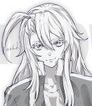 1boy :3 ahoge character_request check_gender collarbone cropped face greyscale hair_between_eyes jacket long_hair monochrome open_clothes open_jacket signature smile solo undead_unluck upper_body waterstaring zipper 