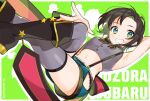  1girl arm_up armpits artist_name bangs black_footwear black_hair black_neckwear blue_eyes blue_shorts boots bow bowtie breasts character_name commentary cropped_shirt english_text green_background green_eyes grey_legwear grey_shirt grin hip_vent hololive looking_at_viewer medium_breasts midriff multicolored multicolored_eyes navel nokachoco114 oozora_subaru parted_bangs pinstripe_pattern polka_dot polka_dot_background shirt short_hair short_shorts shorts simple_background sleeveless sleeveless_shirt smile solo striped striped_shirt suspender_shorts suspenders thigh-highs thighs vertical-striped_shirt vertical_stripes virtual_youtuber 