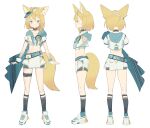  1girl absurdres ahoge animal_ear_fluff animal_ears belt black_choker black_legwear blonde_hair blue_eyes character_sheet choker collarbone crop_top cropped_jacket denpa_noise flat_chest fox_ears fox_girl fox_tail from_behind from_side full_body hachimitsu_purin highres hood hooded_jacket indie_virtual_youtuber jacket kneehighs looking_at_viewer midriff multiple_views navel plaid sash shirt shoes short_hair short_shorts short_sleeves shorts sideways_hat simple_background smile sneakers stomach tail thigh_strap thighs undershirt virtual_youtuber visor_cap white_background white_footwear white_jacket white_shirt white_shorts wrist_cuffs 