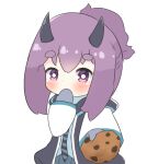  1girl arknights bangs black_jacket blue_shirt chibi chocolate_chip_cookie commentary cookie covered_mouth diagonal-striped_neckwear diagonal_stripes english_commentary eyebrows_visible_through_hair food grey_mittens grey_skirt hair_between_eyes hibiscus_(arknights) holding holding_food horns incoming_food jacket kurotofu long_hair looking_at_viewer mittens necktie open_clothes open_jacket outstretched_arm pleated_skirt ponytail purple_hair shirt short_eyebrows sidelocks simple_background skirt solo striped striped_neckwear thick_eyebrows violet_eyes white_background 