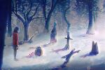  1girl black_hair flower grave graveyard milktea_0021 original snow snowing tombstone tree tree_stump winter 