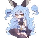  1girl :3 animal_ears artist_name bangs bare_shoulders black_footwear black_gloves black_legwear blue_hair blue_skirt blush breasts clarevoir closed_mouth collarbone commentary commission english_commentary ferry_(granblue_fantasy) frilled_gloves frilled_skirt frills fugee_(granblue_fantasy) gloves granblue_fantasy half-closed_eyes highres horns jewelry kneeling long_hair looking_at_viewer medium_breasts miniskirt mixed-language_commentary nicola_(granblue_fantasy) one_knee open_mouth pleated_skirt sharp_teeth shiny shiny_clothes shiny_hair shiny_skin shirt sideboob simple_background single_earring single_horn skindentation skirt sleeveless sleeveless_shirt solo teeth thigh-highs twitter_username very_long_hair watermark white_background yellow_eyes 