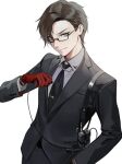  1boy bangs black_jacket black_neckwear black_pants brown_hair closed_mouth collared_shirt copyright_request cowboy_shot formal glasses gloves grey_shirt hand_in_pocket hand_up highres holding jacket long_sleeves looking_at_viewer male_focus necktie ohisashiburi pants red_gloves semi-rimless_eyewear shirt short_hair simple_background smile smirk solo standing suit tie_clip under-rim_eyewear white_background 
