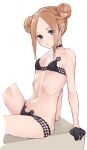  1girl abigail_williams_(fate/grand_order) abigail_williams_(swimsuit_foreigner)_(fate) bangs bare_shoulders bikini black_bikini black_gloves blonde_hair blue_eyes breasts choker collarbone cropped_legs double_bun fate/grand_order fate_(series) forehead gloves knee_up kopaka_(karda_nui) long_hair navel parted_bangs sidelocks sitting small_breasts swimsuit thighs 