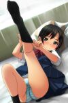  1girl absurdres ass bangs bed_sheet black_hair black_legwear blue_dress blush brown_eyes closed_mouth dress eyebrows_visible_through_hair feet_out_of_frame highres kneehighs kneehighs_pull leg_up looking_at_viewer lying matsunaga_kouyou no_shoes nose_blush on_back original panties pillow pinafore_dress pleated_dress shirt short_sleeves sleeveless sleeveless_dress smile soles solo striped striped_panties underwear white_shirt 