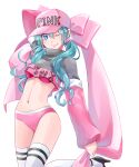 1girl aira_(exp) aqua_hair arm_up baseball_cap bikini bikini_bottom blue_eyes bow clothes_writing commentary cowboy_shot crop_top grey_sweater hair_bow hair_ornament hat hatsune_miku high_heels highres large_bow leg_up long_hair looking_at_viewer midriff navel one_eye_closed pink_bikini pink_bow pink_headwear pink_sleeves smile solo sweater swimsuit thigh-highs twintails vocaloid white_background white_legwear 