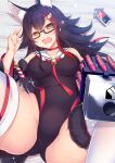  absurdres animal_ears ass ass_visible_through_thighs bespectacled black_hair blush breasts cellphone competition_swimsuit crayon d: detached_sleeves fang glasses hair_ornament hairclip highleg highlights highres hololive multicolored_hair one-piece_swimsuit ookami_mio open_mouth phone spread_legs swimsuit tail virtual_youtuber white_legwear wolf_ears wolf_tail yellow_eyes yoshiheihe 