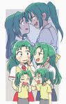  2girls age_comparison breasts child chromatic_aberration collared_shirt crying crying_with_eyes_open eyebrows_visible_through_hair film_grain green_eyes green_hair hair_ribbon half_updo high_ponytail highres higurashi_no_naku_koro_ni long_hair multiple_girls necktie open_mouth ponytail red_neckwear ribbon shirt short_sleeves siblings sideways_mouth sisters skirt sonozaki_mion sonozaki_shion tears tsubobot twins vest white_shirt yellow_ribbon yellow_shirt younger 