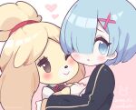  2girls animal_crossing animal_ears artist_name bangs black_jacket blonde_hair blue_hair blunt_bangs blush bob_cut breasts brown_eyes cheek-to-cheek clarevoir closed_mouth commentary crossover dog_ears dog_girl english_commentary english_text from_side furry green_vest hair_ornament hair_over_one_eye hair_tie hands_up happy heart hug isabelle_(animal_crossing) jacket long_sleeves looking_at_another looking_back medium_breasts multiple_girls neck_ribbon one_eye_closed open_mouth outline pink_background pink_outline re:zero_kara_hajimeru_isekai_seikatsu red_neckwear red_ribbon rem_(re:zero) ribbon shiny shiny_hair shiny_skin shirt short_hair short_sleeves simple_background smile tied_hair topknot twitter_username two-tone_background upper_body vest watermark white_shirt x_hair_ornament 